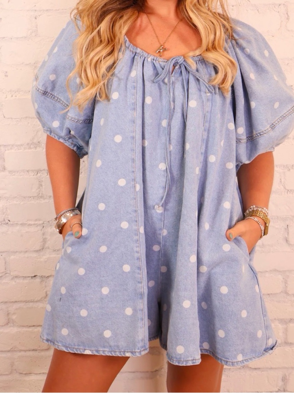 Girls' Light Blue Polka Dot Casual Swing Dress with Tie Neck